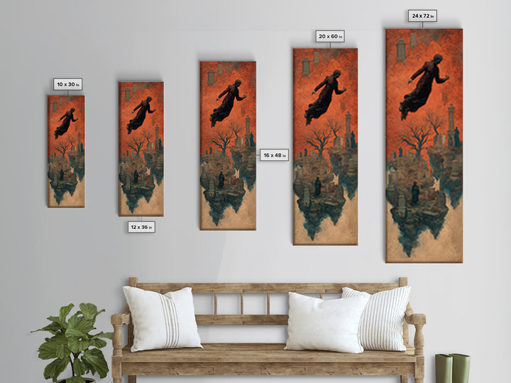 The Upside-Down Cemetery, Surreal Apocalyptic Art, Tall Narrow Wall Art, Macabre Wall Art, Canvas Print, Halloween Wall Art