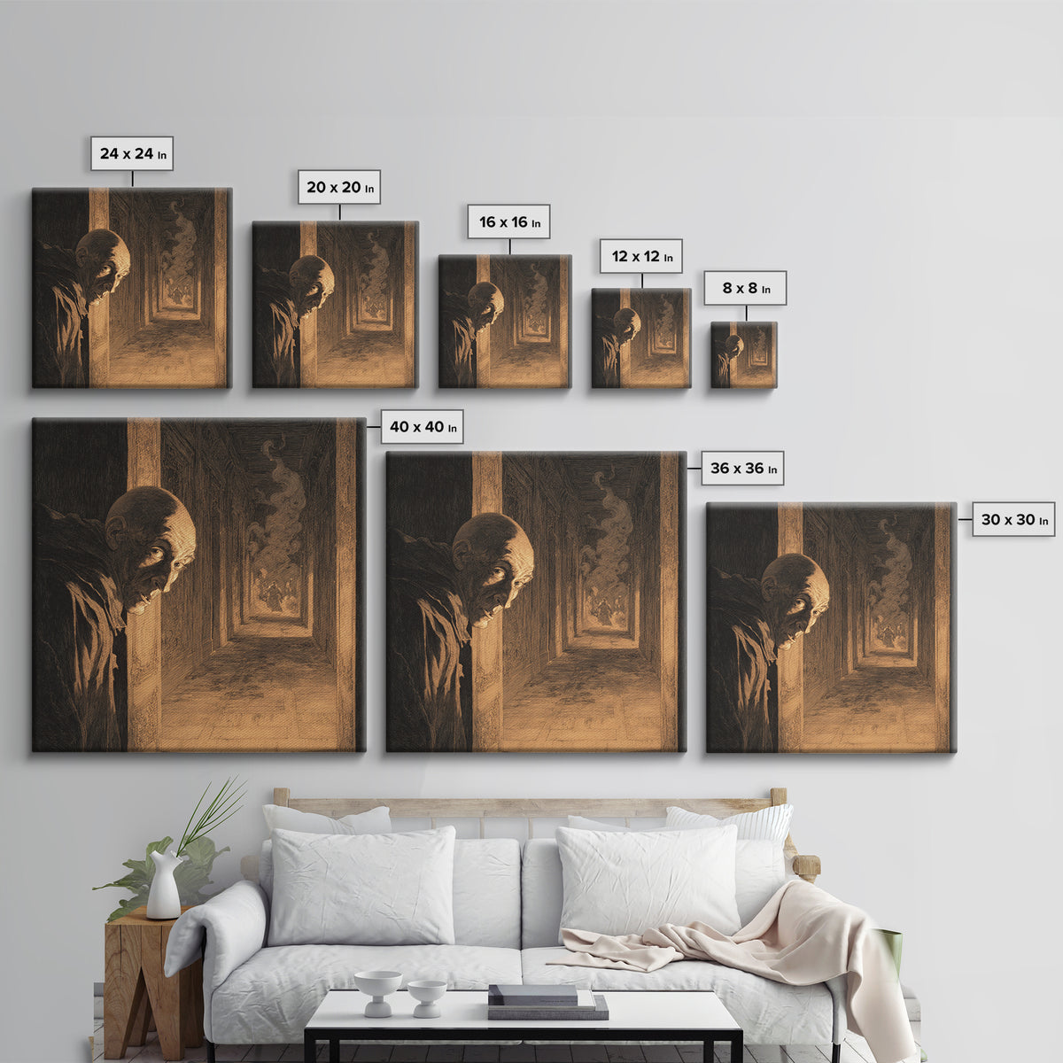 The Infinite Hallway, Symbolist Etching Art, Square Wall Art, Dark Fantasy Wall Art, Framed Canvas Print, Halloween Wall Art