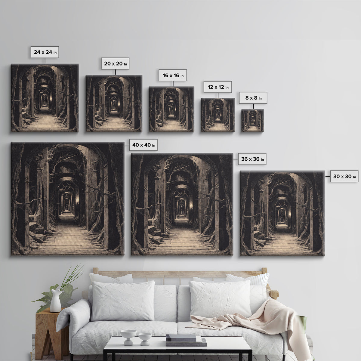 The Infinite Hallway, Expressionist Nightmare Art, Square Wall Art, Macabre Wall Art, Framed Canvas Print, Halloween Wall Art