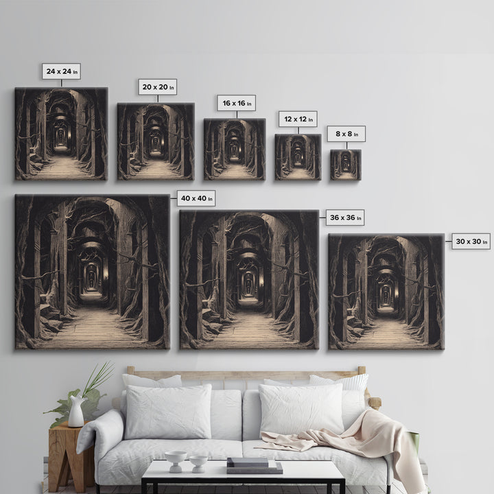 The Infinite Hallway, Expressionist Nightmare Art, Square Wall Art, Macabre Wall Art, Framed Canvas Print, Halloween Wall Art