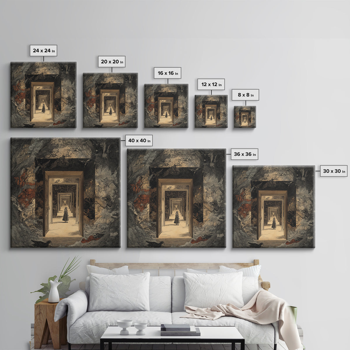 The Infinite Hallway, Gothic Storybook Art, Square Wall Art, Dark Fantasy Wall Art, Canvas Print, Halloween Wall Art