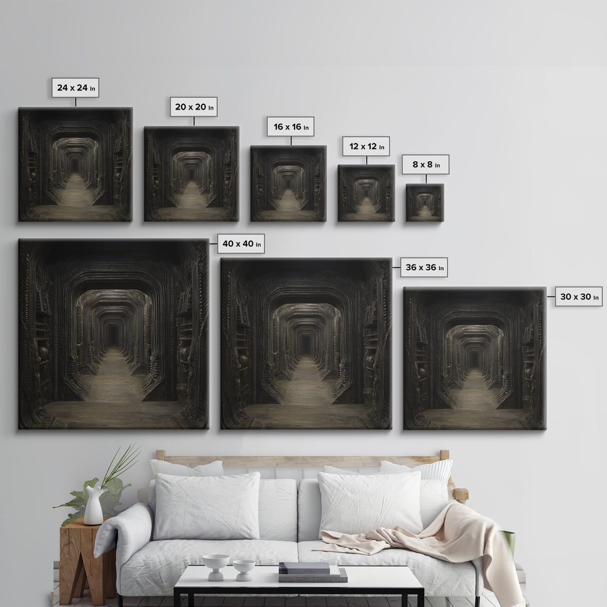 The Infinite Hallway, Biomechanical Horror Art, Square Wall Art, Dark Fantasy Wall Art, Framed Canvas Print, Halloween Wall Art