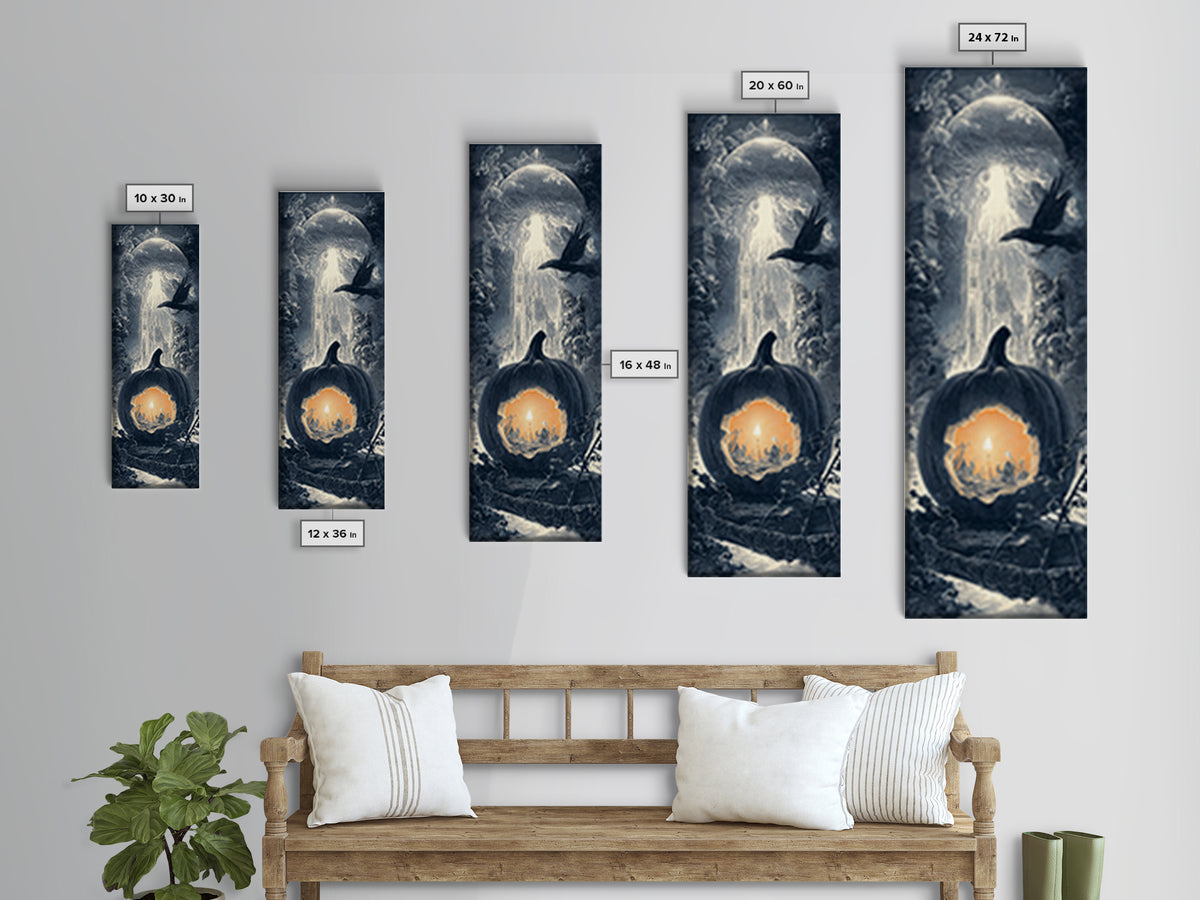 The Moon Inside A Pumpkin, Gothic Engraving Art, Tall Narrow Wall Art, Macabre Wall Art, Framed Canvas Print, Halloween Wall Art