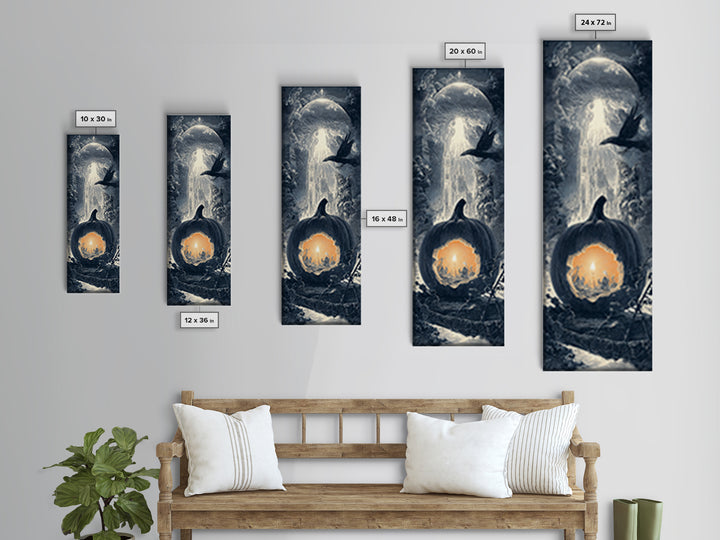 The Moon Inside A Pumpkin, Gothic Engraving Art, Tall Narrow Wall Art, Macabre Wall Art, Framed Canvas Print, Halloween Wall Art