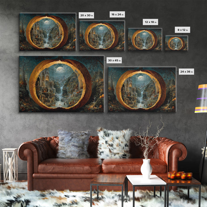 The Moon Inside A Pumpkin, Medieval Grotesque Art, Landscape Wall Art, Macabre Wall Art, Framed Canvas Print, Halloween Wall Art