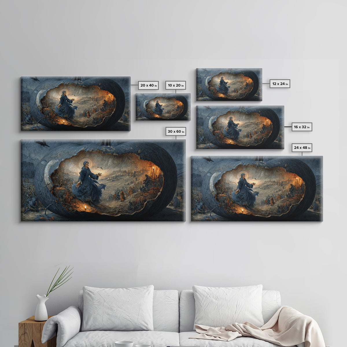 The Moon Inside A Pumpkin, Northern Renaissance Horror, Wide Panoramic Art, Dark Halloween Decor, Framed Canvas Print