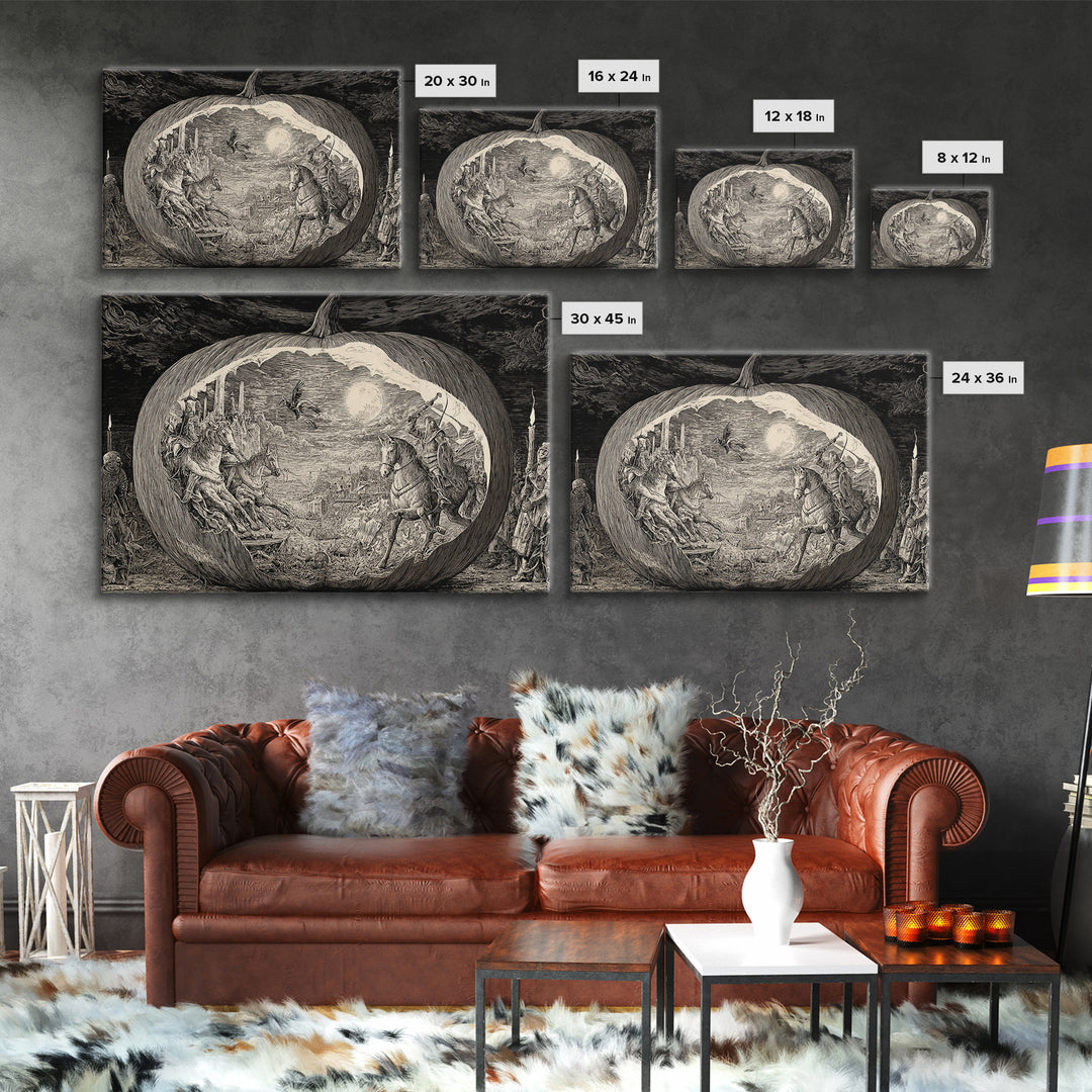 The Moon Inside A Pumpkin, Renaissance Engraving Art, Landscape Wall Art, Macabre Wall Art, Canvas Print, Halloween Wall Art