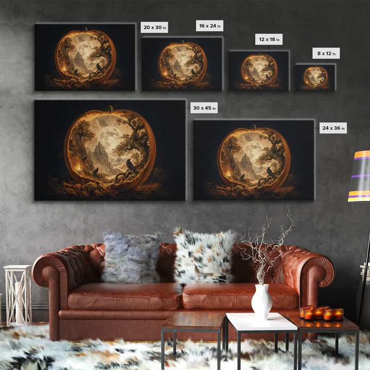 The Moon Inside A Pumpkin, Baroque Witchcraft Art, Landscape Wall Art, Dark Fantasy Wall Art, Framed Canvas Print, Halloween Wall Art