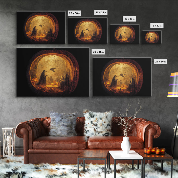 The Moon Inside A Pumpkin, Dark Romantic Horror Art, Landscape Wall Art, Gothic Horror Wall Art, Framed Canvas Print, Halloween Wall Art
