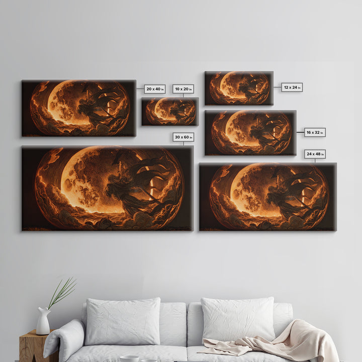 The Moon Inside A Pumpkin, Visionary Gothic Art, Wide Panoramic Art, Dark Halloween Decor, Framed Canvas Print, Halloween Wall Art