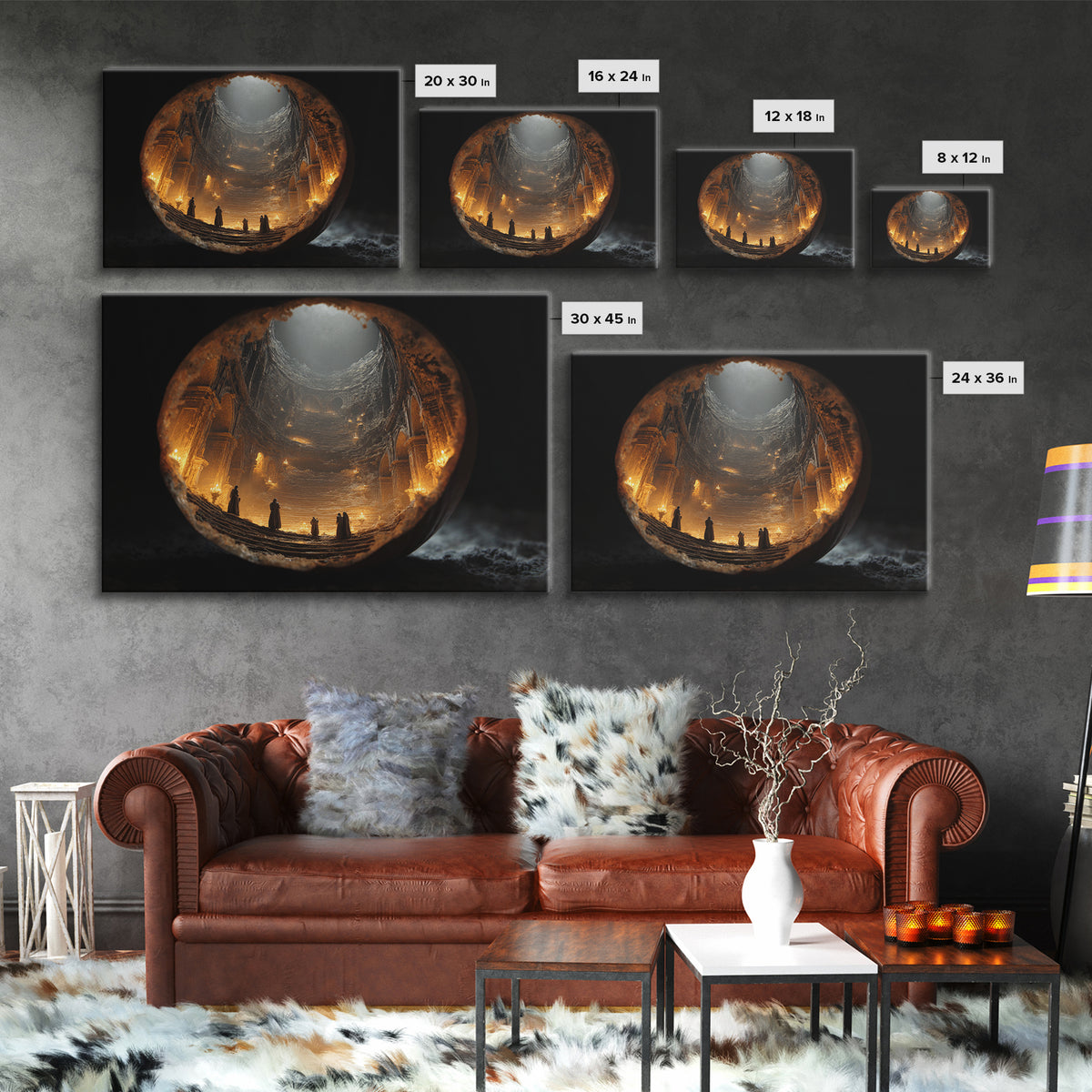 The Moon Inside A Pumpkin, Architectural Etching Art, Landscape Wall Art, Macabre Wall Art, Framed Canvas Print