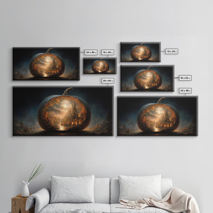 The Moon Inside A Pumpkin, Apocalyptic Romantic Art, Wide Panoramic Art, Gothic Horror Wall Art, Framed Canvas Print, Halloween Wall Art