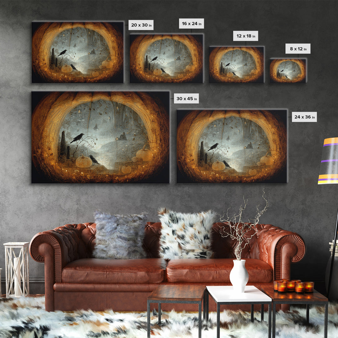 The Moon Inside A Pumpkin, Symbolist Dream Art, Landscape Wall Art, Macabre Wall Art, Framed Canvas Print, Halloween Wall Art
