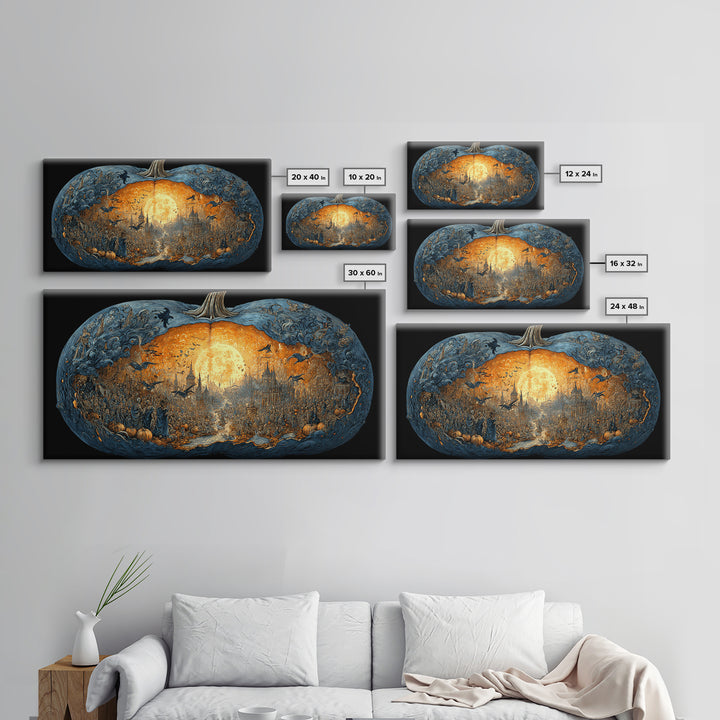 The Moon Inside A Pumpkin, Grotesque Carnival Art, Wide Panoramic Art, Dark Halloween Decor, Framed Canvas Print, Halloween Wall Art