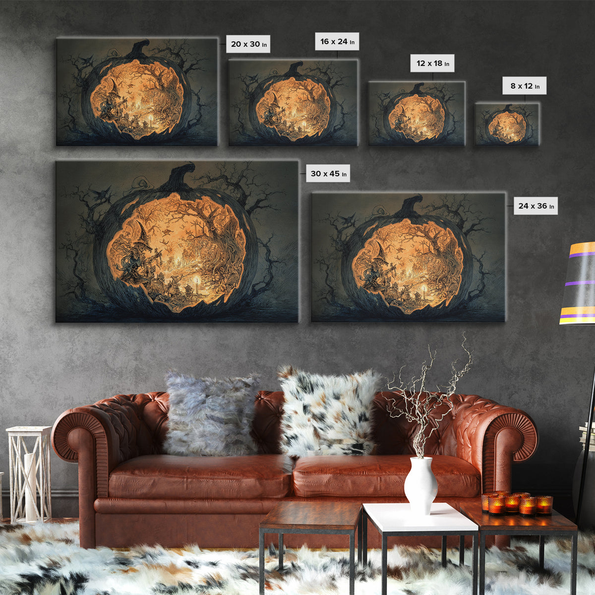 The Moon Inside A Pumpkin, Gothic Storybook Art, Landscape Wall Art, Dark Fantasy Wall Art, Framed Canvas Print, Halloween Wall Art