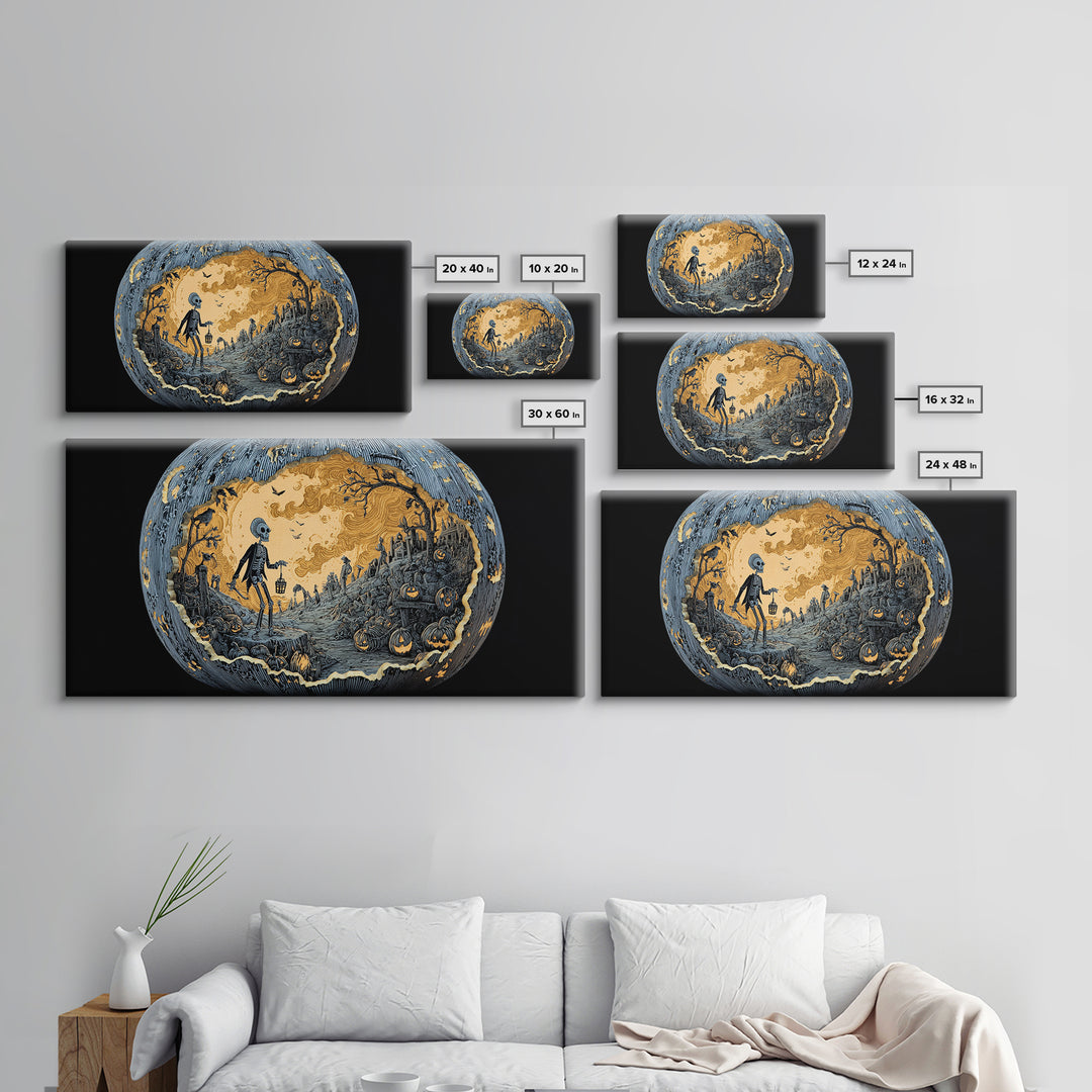The Moon Inside A Pumpkin, Macabre Folk Print Art, Wide Panoramic Art, Macabre Wall Art, Framed Canvas Print, Halloween Wall Art