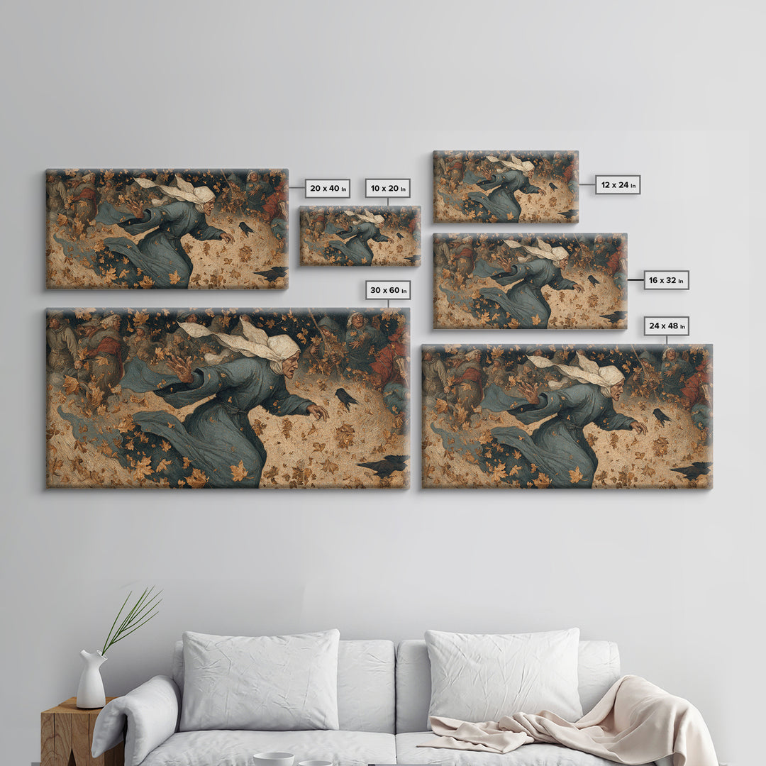 The Autumn-Leaf Ghost, Northern Renaissance Horror, Wide Panoramic Art, Dark Fantasy Wall Art, Framed Canvas Print