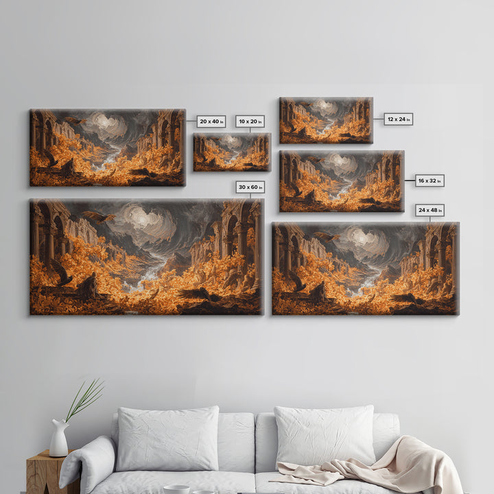The Autumn-Leaf Ghost, Apocalyptic Romantic Art, Wide Panoramic Art, Macabre Wall Art, Framed Canvas Print, Halloween Wall Art