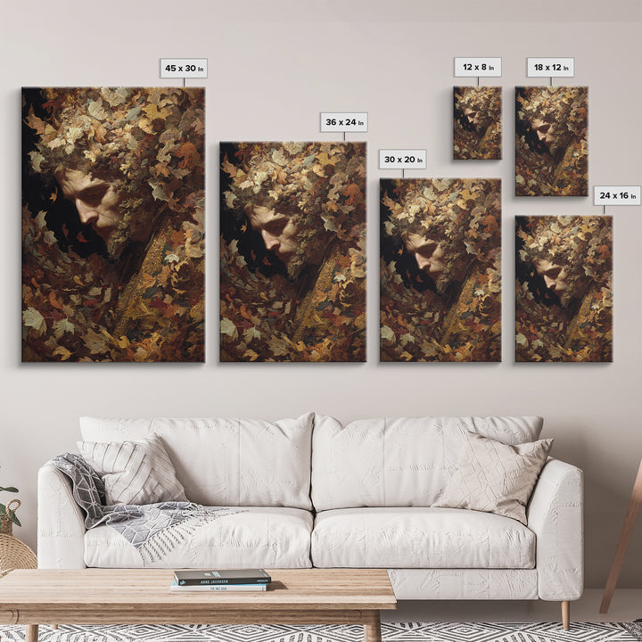 The Autumn-Leaf Ghost, Ornate Symbolist Art, Vertical Wall Art, Dark Halloween Decor, Framed Canvas Print, Halloween Wall Art