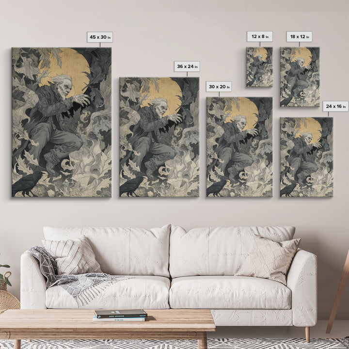 The Autumn-Leaf Ghost, Symbolist Etching Art, Vertical Wall Art, Dark Halloween Decor, Canvas Print, Halloween Wall Art, Horror Wall Art