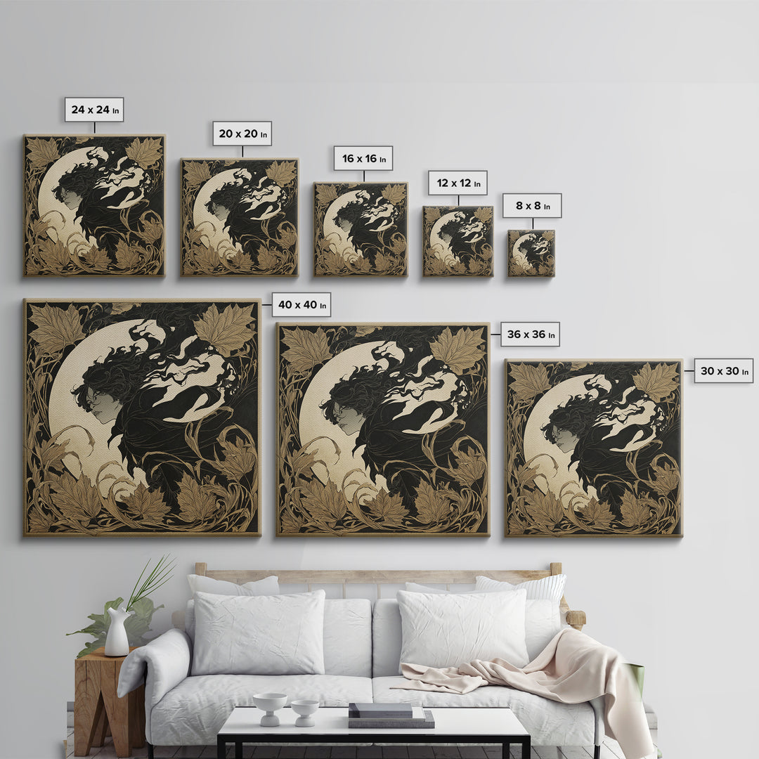 The Autumn-Leaf Ghost, Decadent Line Art, Square Wall Art, Dark Halloween Decor, Framed Canvas Print, Halloween Wall Art