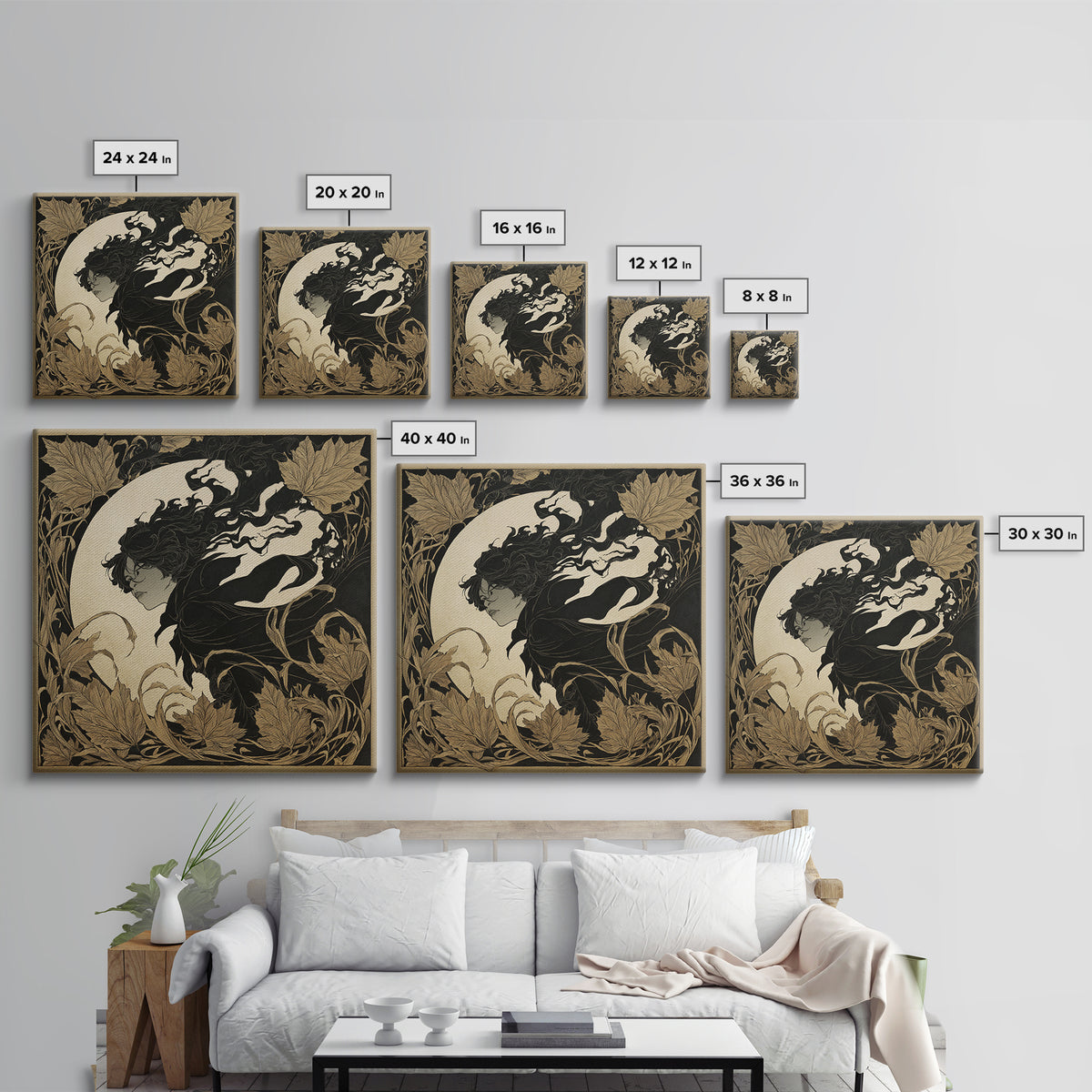 The Autumn-Leaf Ghost, Decadent Line Art, Square Wall Art, Dark Halloween Decor, Framed Canvas Print, Halloween Wall Art