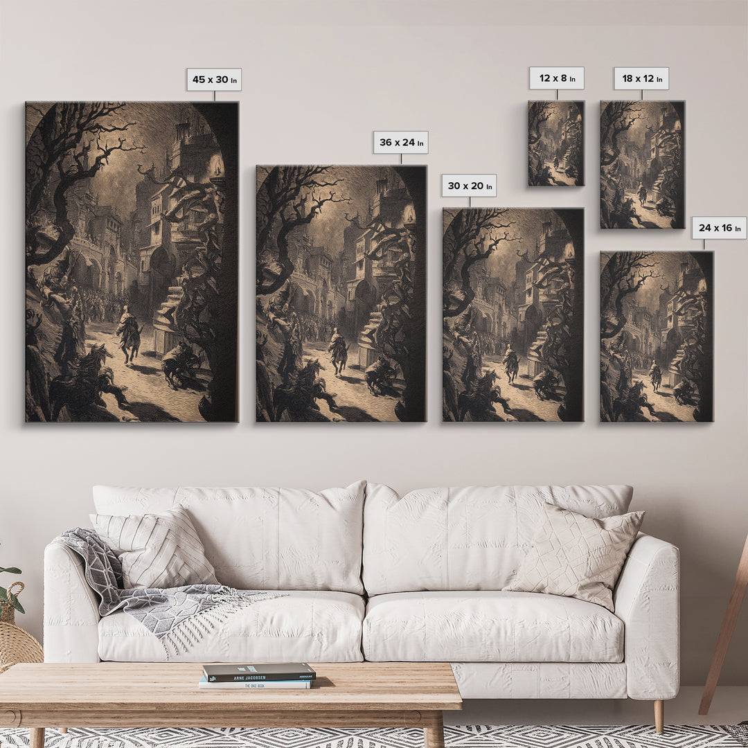 The Town Where Shadows Live, Renaissance Engraving Art, Vertical Wall Art, Dark Fantasy Wall Art, Canvas Print, Halloween Wall Art