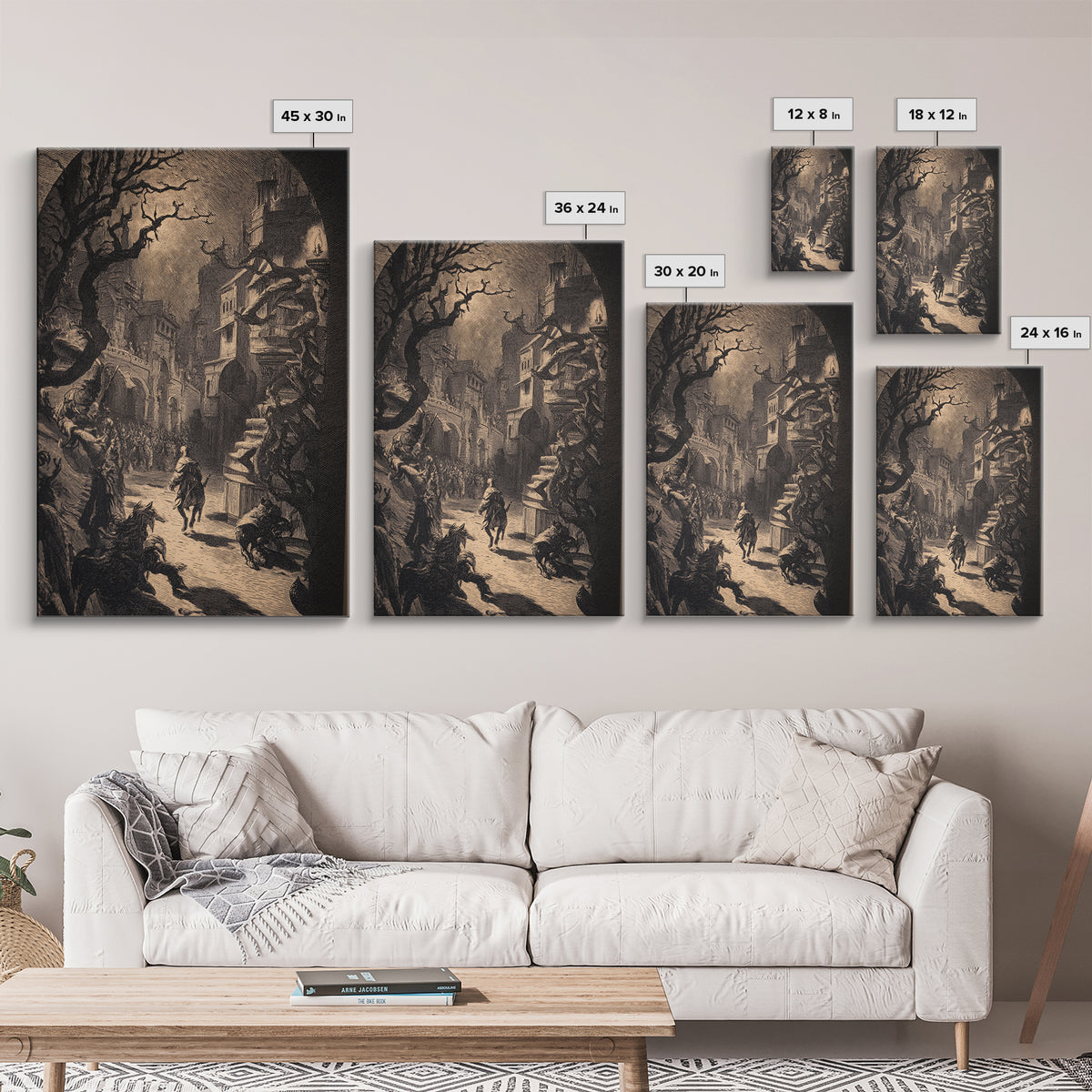 The Town Where Shadows Live, Renaissance Engraving Art, Vertical Wall Art, Dark Fantasy Wall Art, Canvas Print, Halloween Wall Art