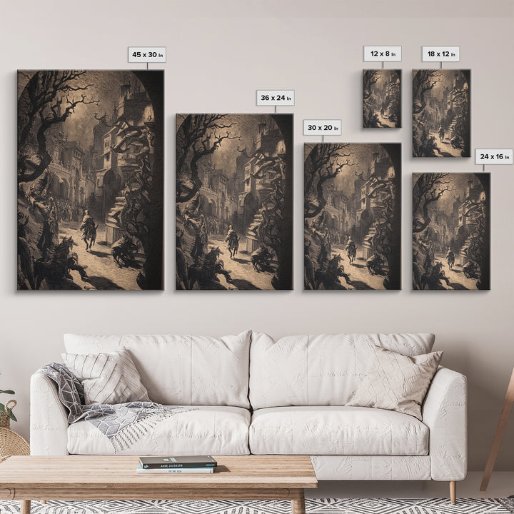 The Town Where Shadows Live, Renaissance Engraving Art, Vertical Wall Art, Dark Fantasy Wall Art, Canvas Print, Halloween Wall Art