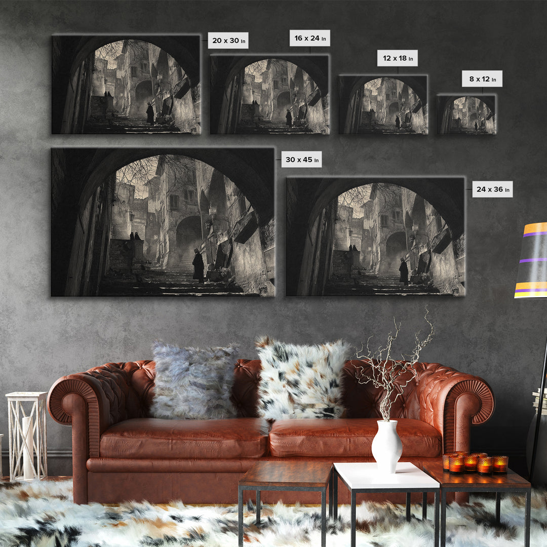 The Town Where Shadows Live, Architectural Etching Art, Landscape Wall Art, Dark Halloween Decor, Canvas Print