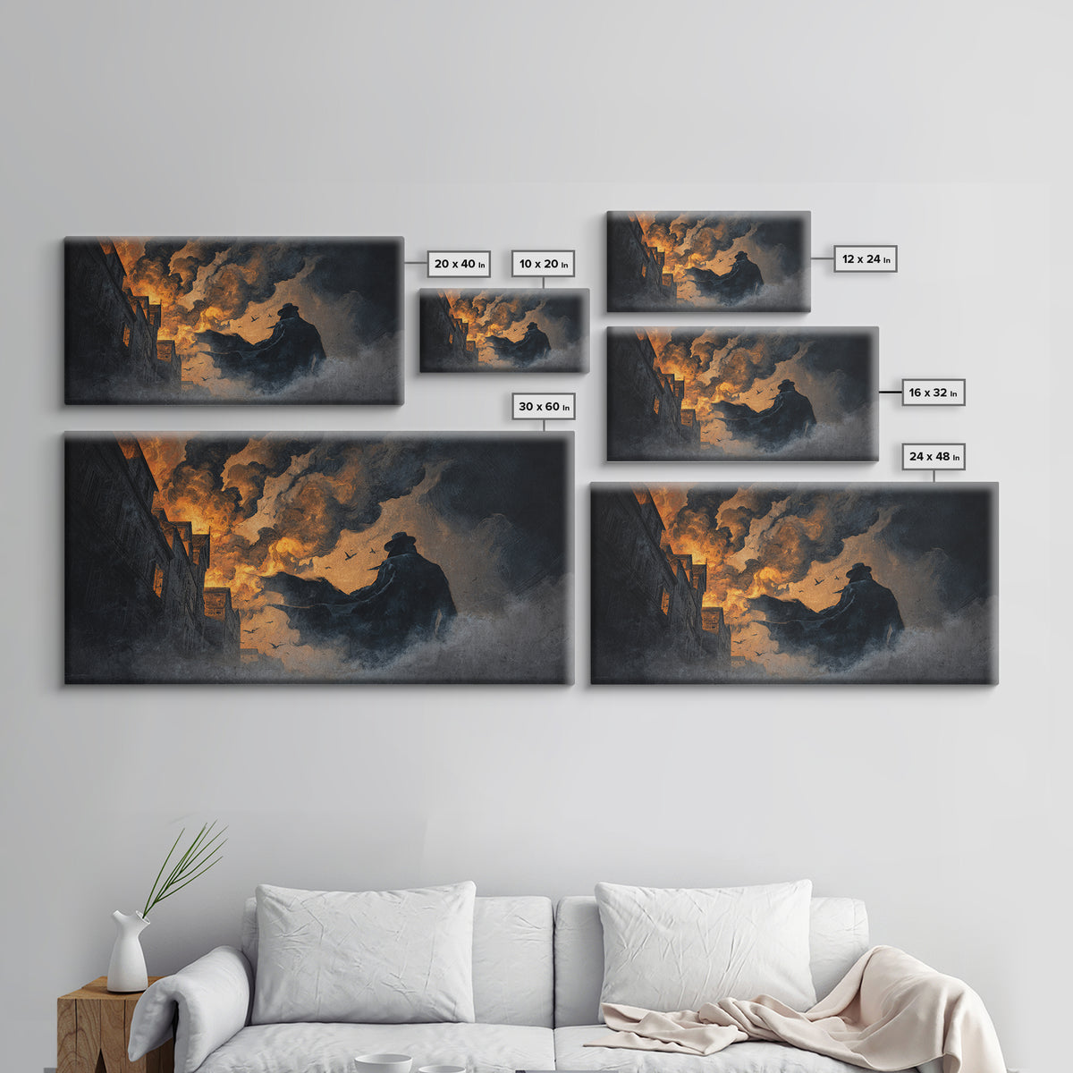 The Town Where Shadows Live, Apocalyptic Romantic Art, Wide Panoramic Art, Macabre Wall Art, Framed Canvas Print, Halloween Wall Art