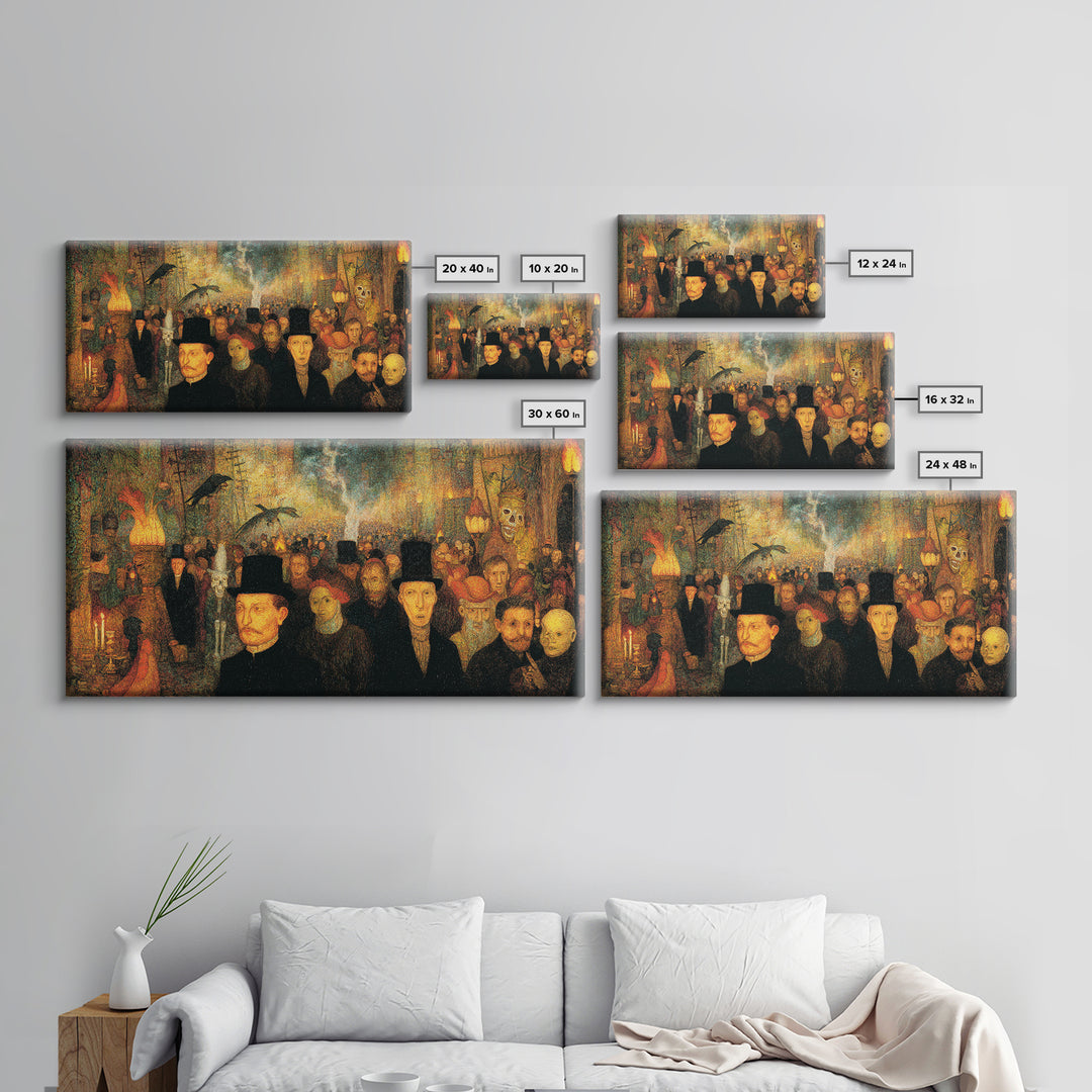The Town Where Shadows Live, Grotesque Carnival Art, Wide Panoramic Art, Dark Halloween Decor, Canvas Print, Halloween Wall Art