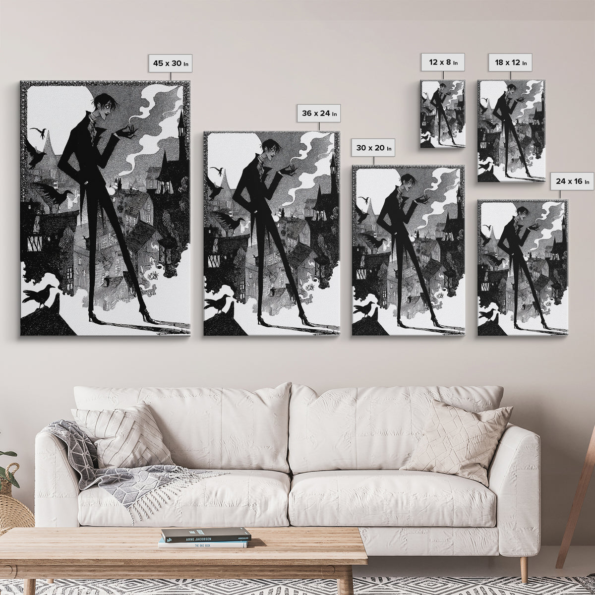 The Town Where Shadows Live, Decadent Line Art, Vertical Wall Art, Dark Halloween Decor, Framed Canvas Print, Halloween Wall Art