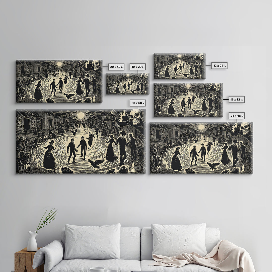 The Town Where Shadows Live, Macabre Folk Print Art, Wide Panoramic Art, Dark Fantasy Wall Art, Canvas Print, Halloween Wall Art