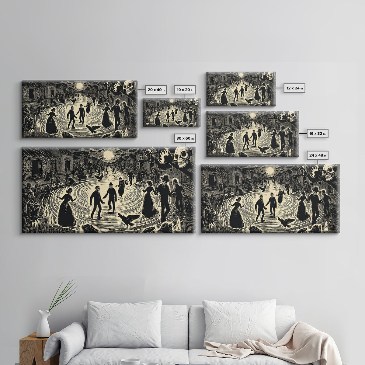The Town Where Shadows Live, Macabre Folk Print Art, Wide Panoramic Art, Dark Fantasy Wall Art, Canvas Print, Halloween Wall Art