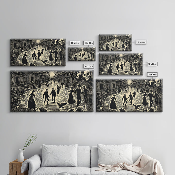 The Town Where Shadows Live, Macabre Folk Print Art, Wide Panoramic Art, Dark Fantasy Wall Art, Canvas Print, Halloween Wall Art