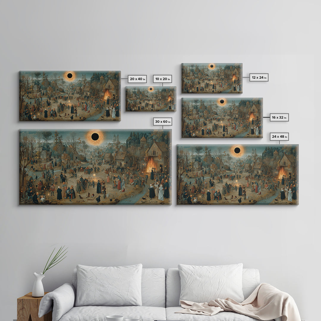 The Eclipse Summoning, Northern Renaissance Horror, Wide Panoramic Art, Dark Halloween Decor, Framed Canvas Print