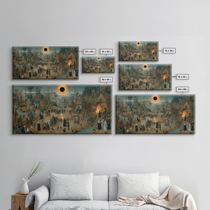 The Eclipse Summoning, Northern Renaissance Horror, Wide Panoramic Art, Dark Halloween Decor, Framed Canvas Print