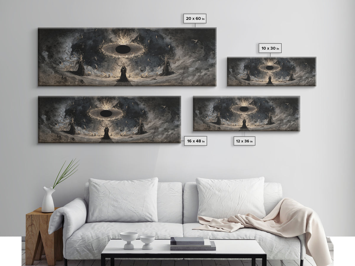 The Eclipse Summoning, Dark Romantic Horror Art, Extra Wide Wall Art, Dark Halloween Decor, Framed Canvas Print, Halloween Wall Art