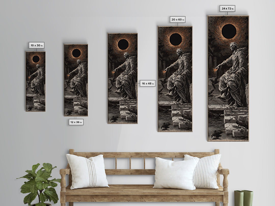 The Eclipse Summoning, Architectural Etching Art, Tall Narrow Wall Art, Dark Halloween Decor, Canvas Print, Halloween Wall Art