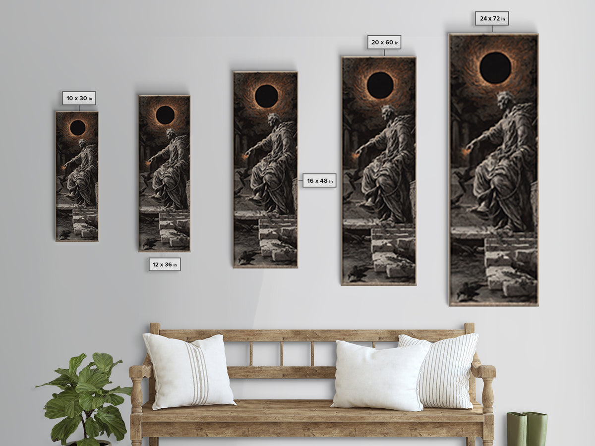 The Eclipse Summoning, Architectural Etching Art, Tall Narrow Wall Art, Dark Halloween Decor, Canvas Print, Halloween Wall Art