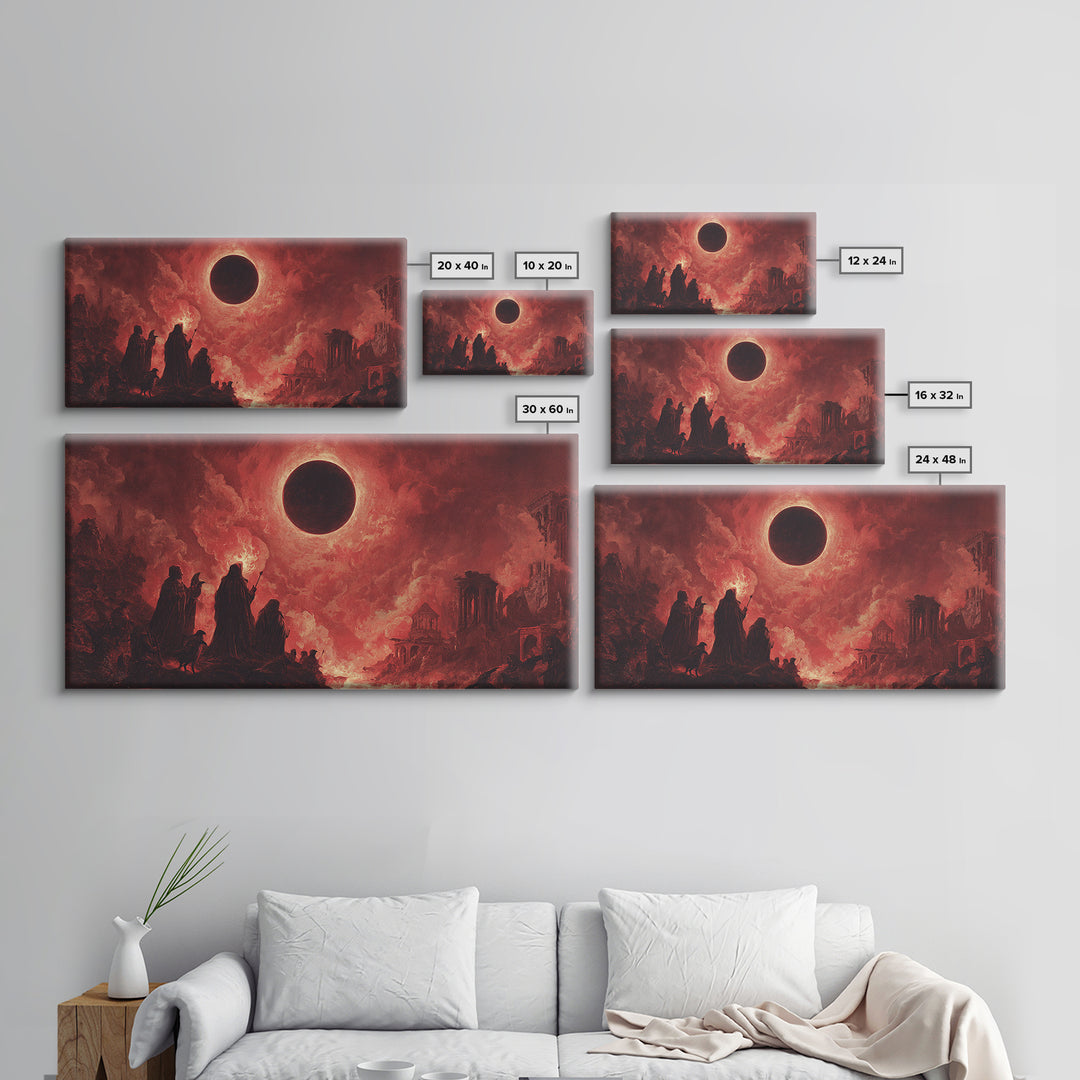 The Eclipse Summoning, Apocalyptic Romantic Art, Wide Panoramic Art, Dark Fantasy Wall Art, Framed Canvas Print, Halloween Wall Art