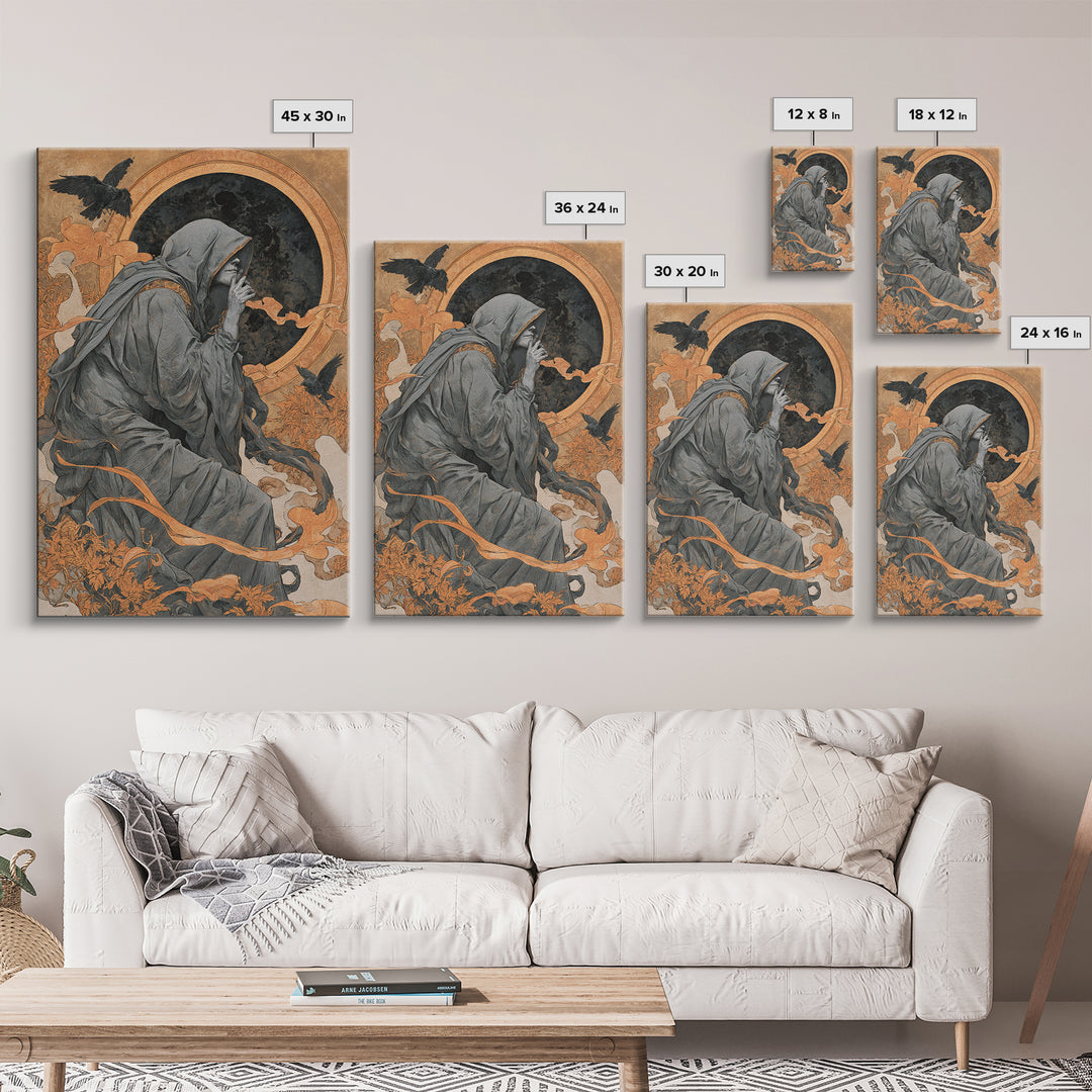 The Eclipse Summoning, Symbolist Death Art, Vertical Wall Art, Dark Fantasy Wall Art, Framed Canvas Print, Halloween Wall Art