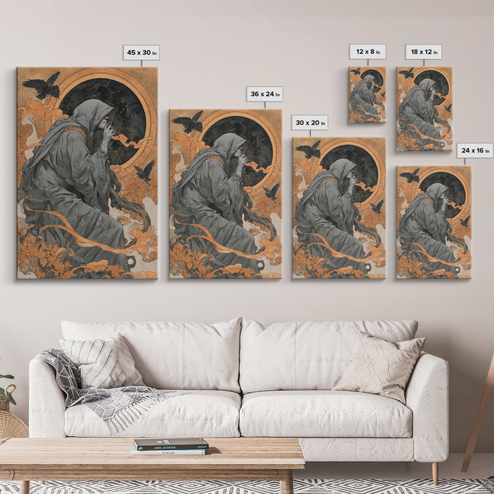 The Eclipse Summoning, Symbolist Death Art, Vertical Wall Art, Dark Fantasy Wall Art, Framed Canvas Print, Halloween Wall Art