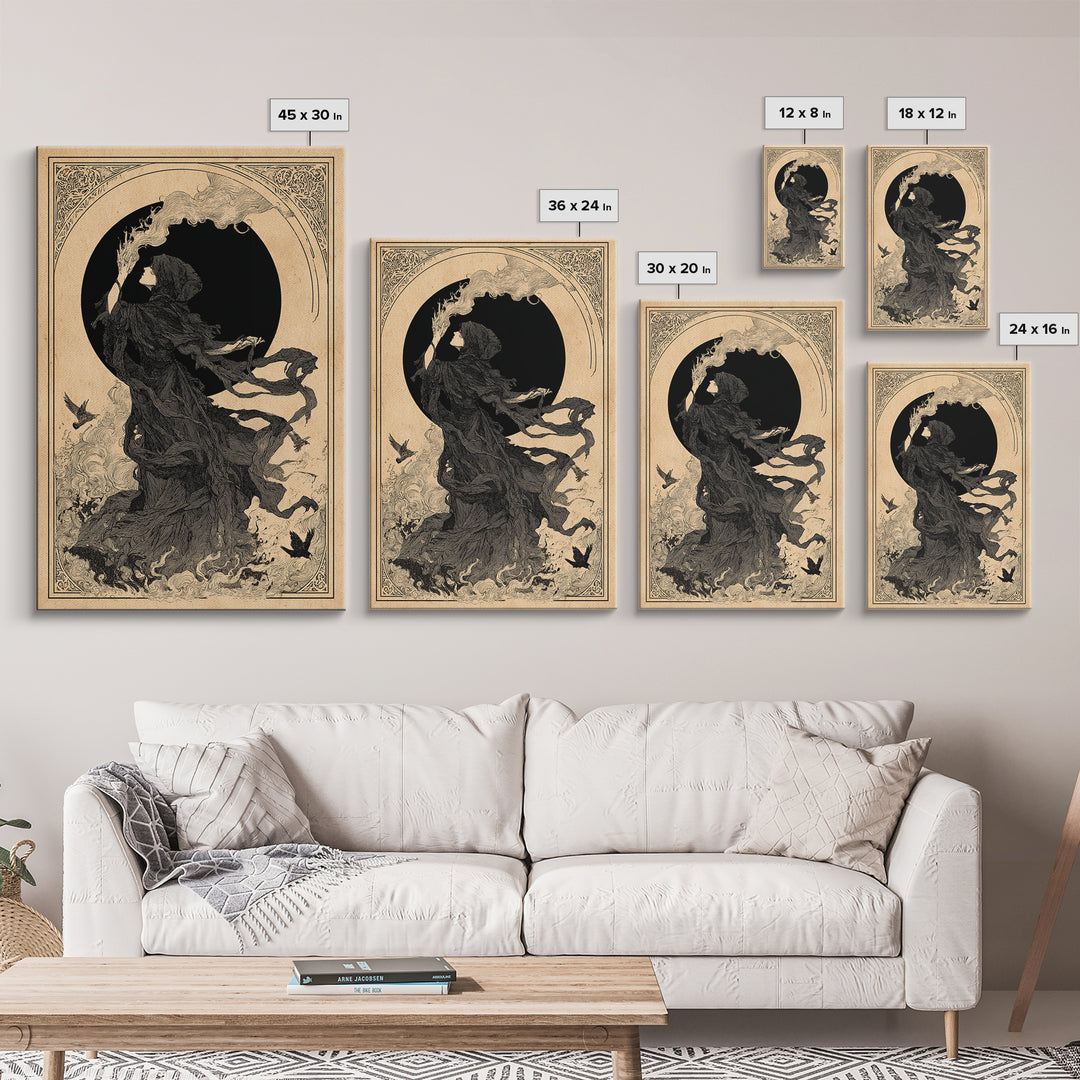 The Eclipse Summoning, Decadent Line Art, Vertical Wall Art, Macabre Wall Art, Framed Canvas Print, Halloween Wall Art