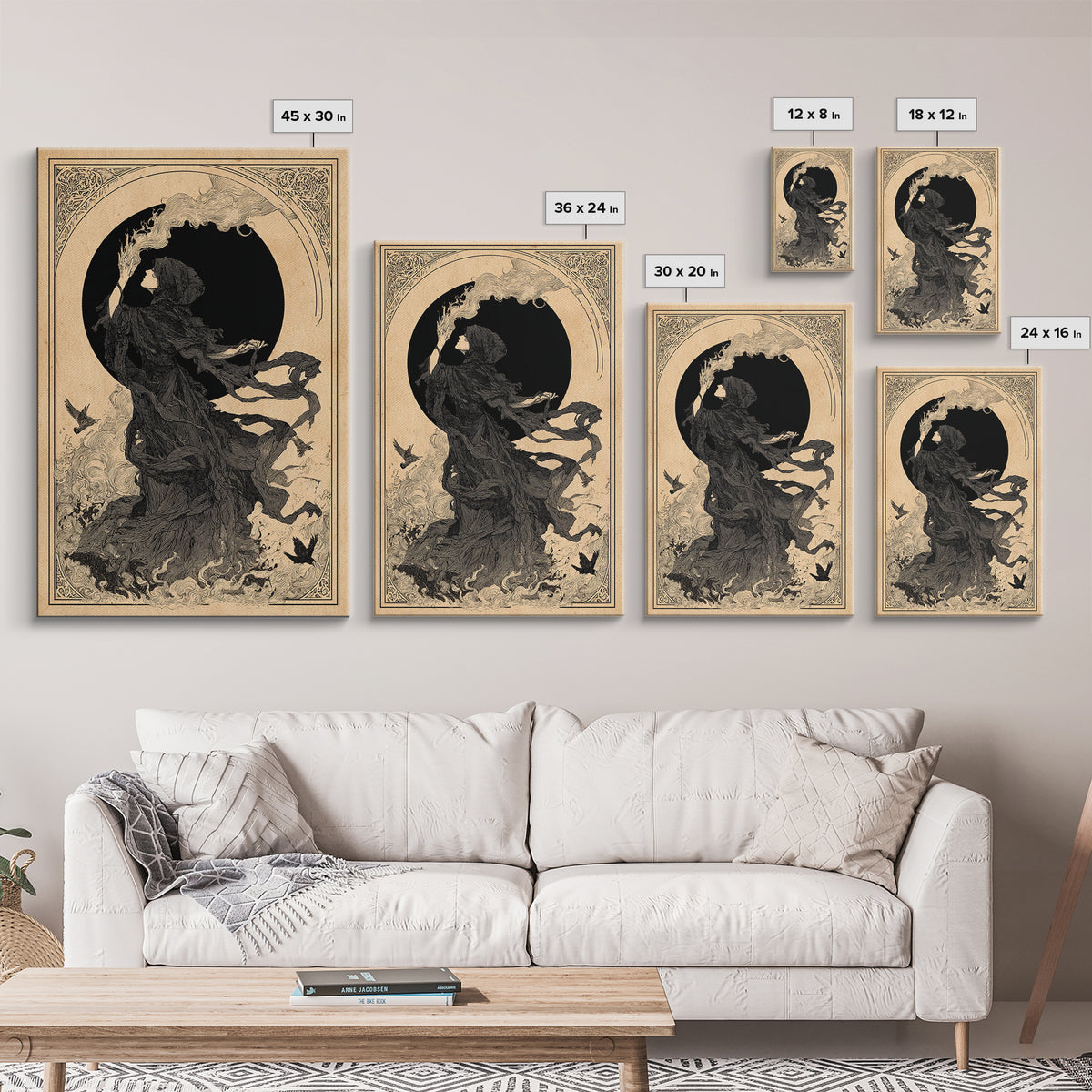 The Eclipse Summoning, Decadent Line Art, Vertical Wall Art, Macabre Wall Art, Framed Canvas Print, Halloween Wall Art