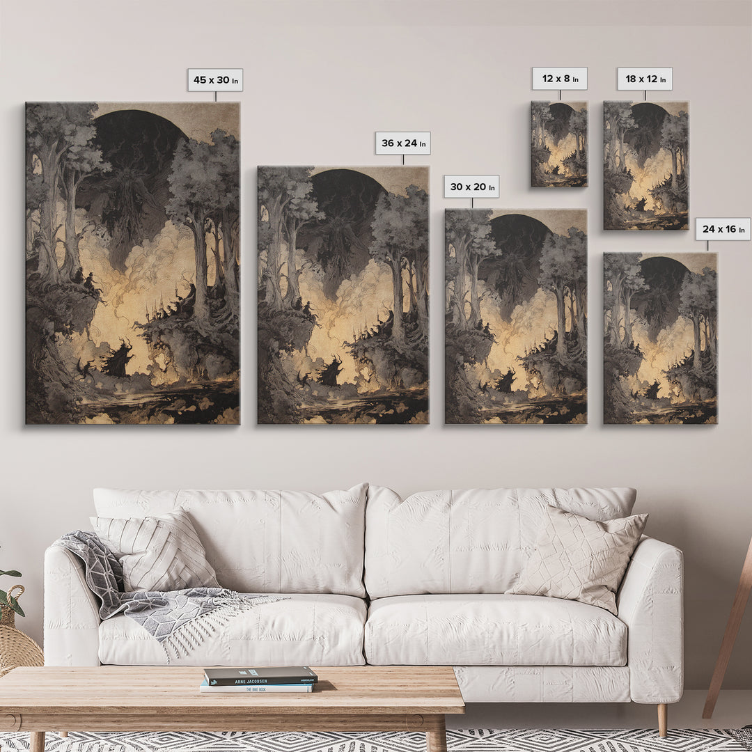 The Eclipse Summoning, Gothic Storybook Art, Vertical Wall Art, Dark Halloween Decor, Framed Canvas Print, Halloween Wall Art