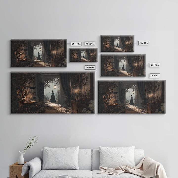 The Last House At The World'S Edge, Symbolist Gothic Landscape, Wide Panoramic Art, Dark Halloween Decor, Framed Canvas Print