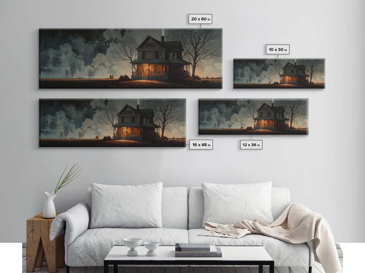 The Last House At The World'S Edge, Symbolist Etching Art, Extra Wide Wall Art, Macabre Wall Art, Framed Canvas Print, Halloween Wall Art