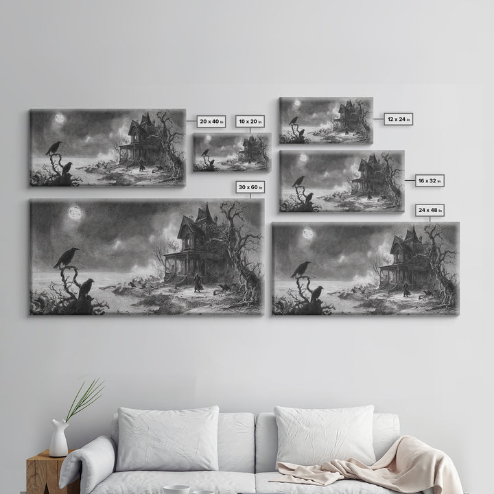 The Last House At The World'S Edge, Expressionist Nightmare Art, Wide Panoramic Art, Dark Halloween Decor, Framed Canvas Print